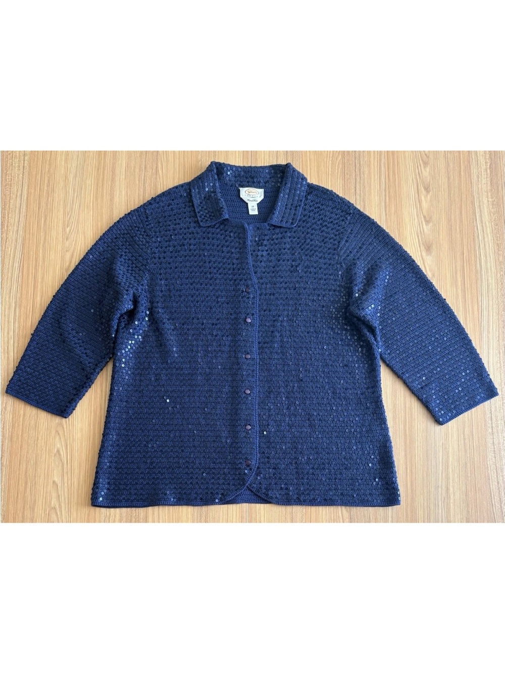 Talbots Hand Knit Silk Blend Sequin Cardigan Sweater Wmns 2X Blue Glam Evening